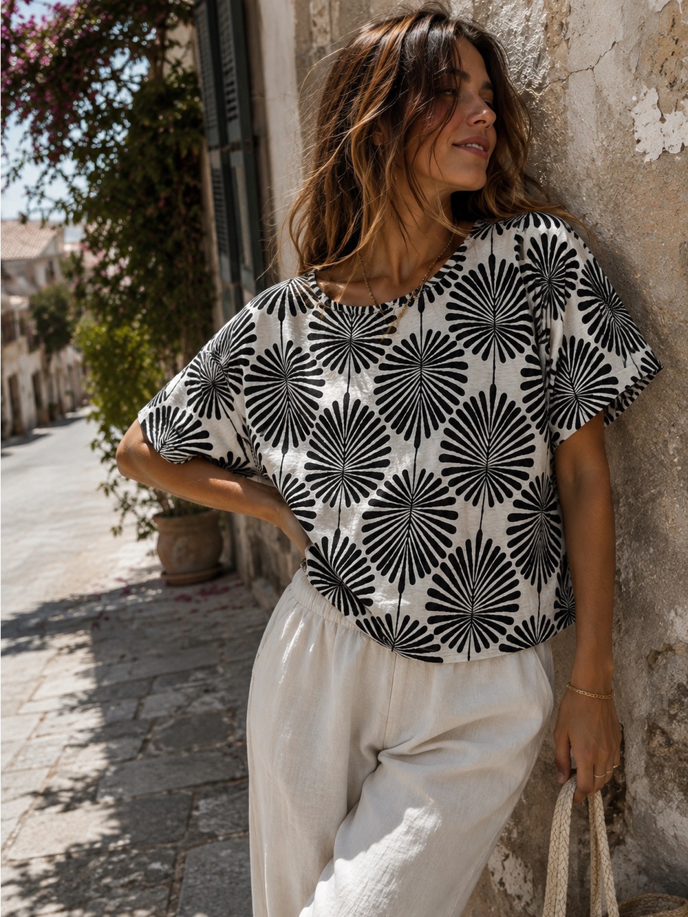 Joie Linen Lyocell Palm Print Boxy Top Medium Coastal Resort Minimalist